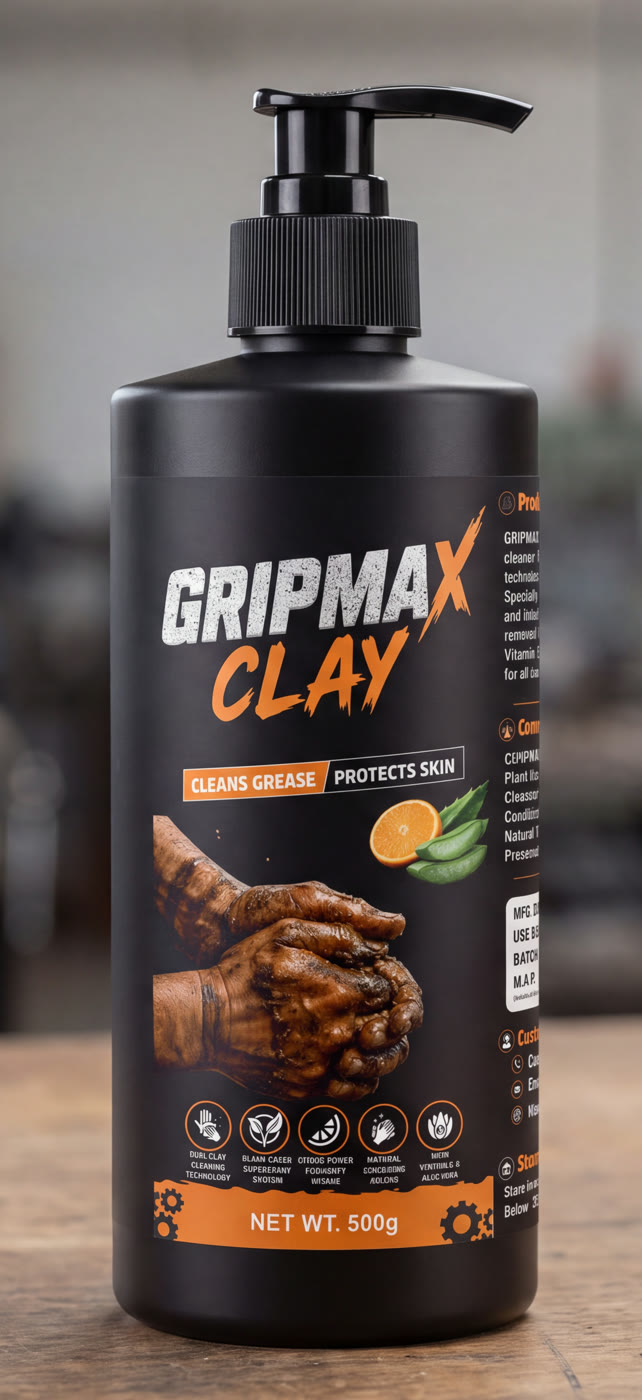 GRIPMAX Clay 500 g pump bottle on a workshop bench